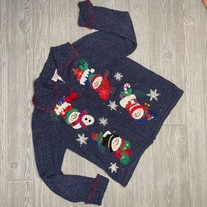 Vintage tiara international snowman Christmas sweater cardigan beaded zip up siz